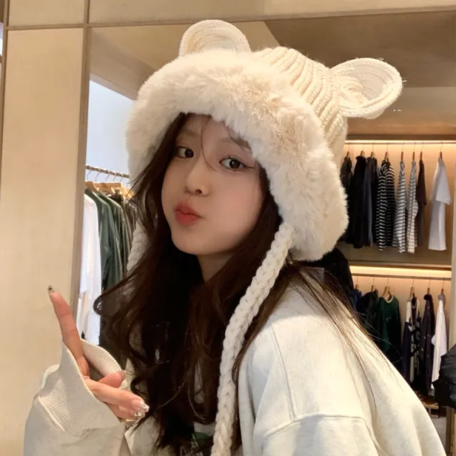 Cute Ears Plush Knitted Lei Feng Cap Women's Autumn And Winter Warm Hat Beige - Shop at LoveMi