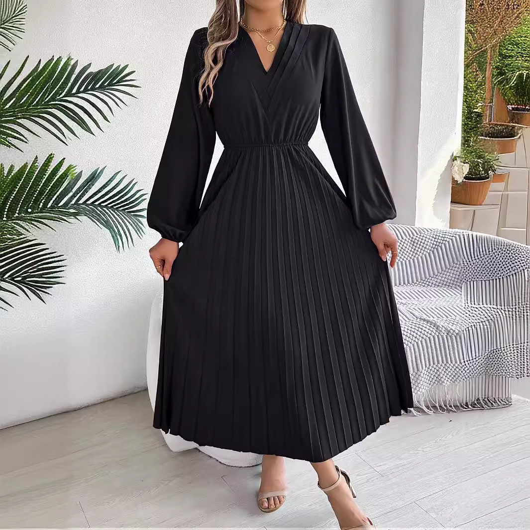Elegant Womens Long Pleated Dress With A Triple V-Neck Long Sleeves And A Defined Waist