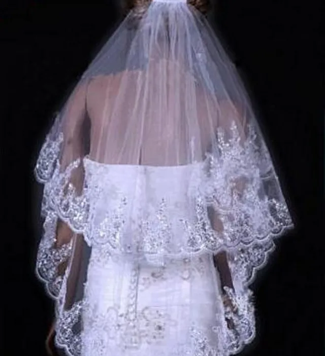 Bridal Sequined Polyester Veil Face Cover Two Layers Lace Sideband Pure White - Shop at LoveMi