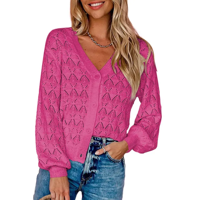 Knitted Shawl Front V neck Buttons Top Rose Red - Shop at LoveMi