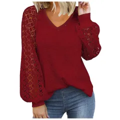 Women's V-neck Long Sleeve Lace Stitching Loose Shirt - Red - View 1
