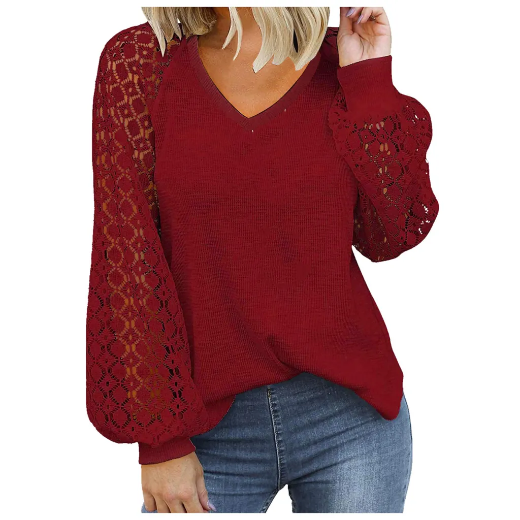 Women's V-neck Long Sleeve Lace Stitching Loose Shirt - Red