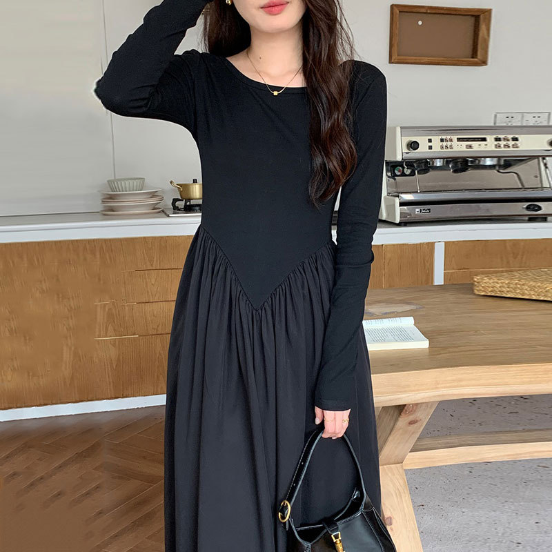 Ancient Round Neck Slim Fit Slimming Patchwork Pleated Long Sleeve Big Hem Type Dress
