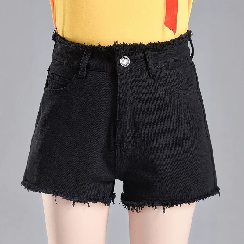 A-line Frayed Hem Mid-to-high Waist Stretchy Trendy Denim Shorts