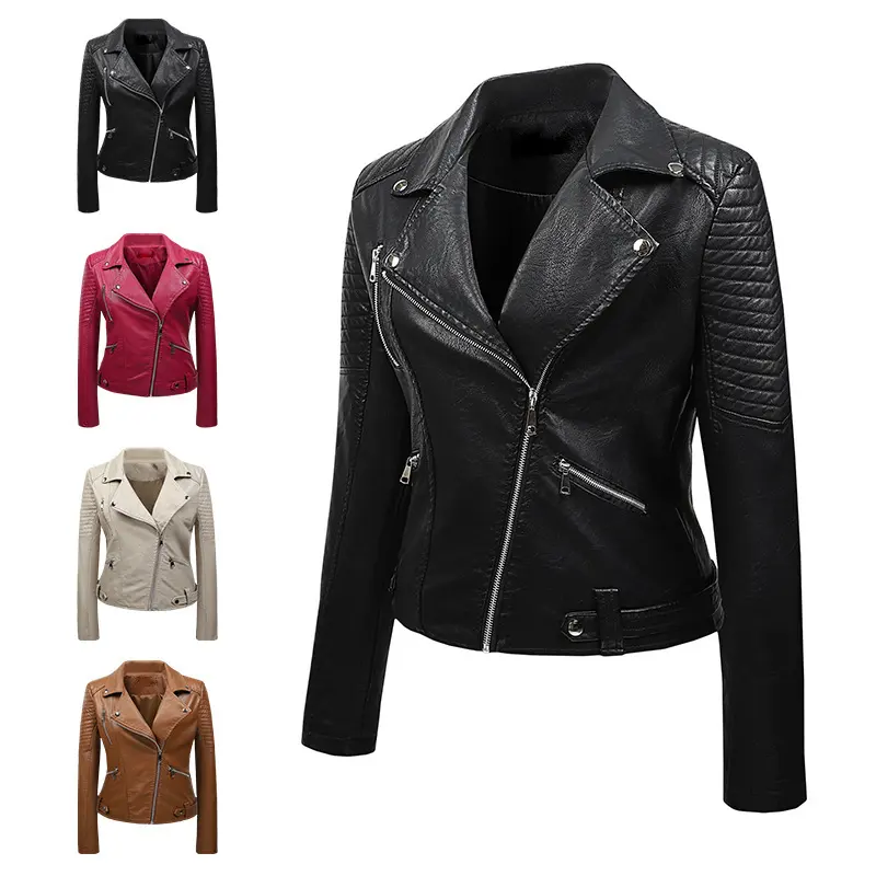 Women's Short Leather Jacket with a Lapel Collar
