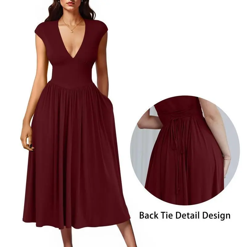 New Women's Summer Casual Short Sleeve Dress - Wine