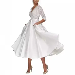 Bridal Deep V-neck Slim Lace Mid-length Long Sleeve Wedding Dress - White - View 1