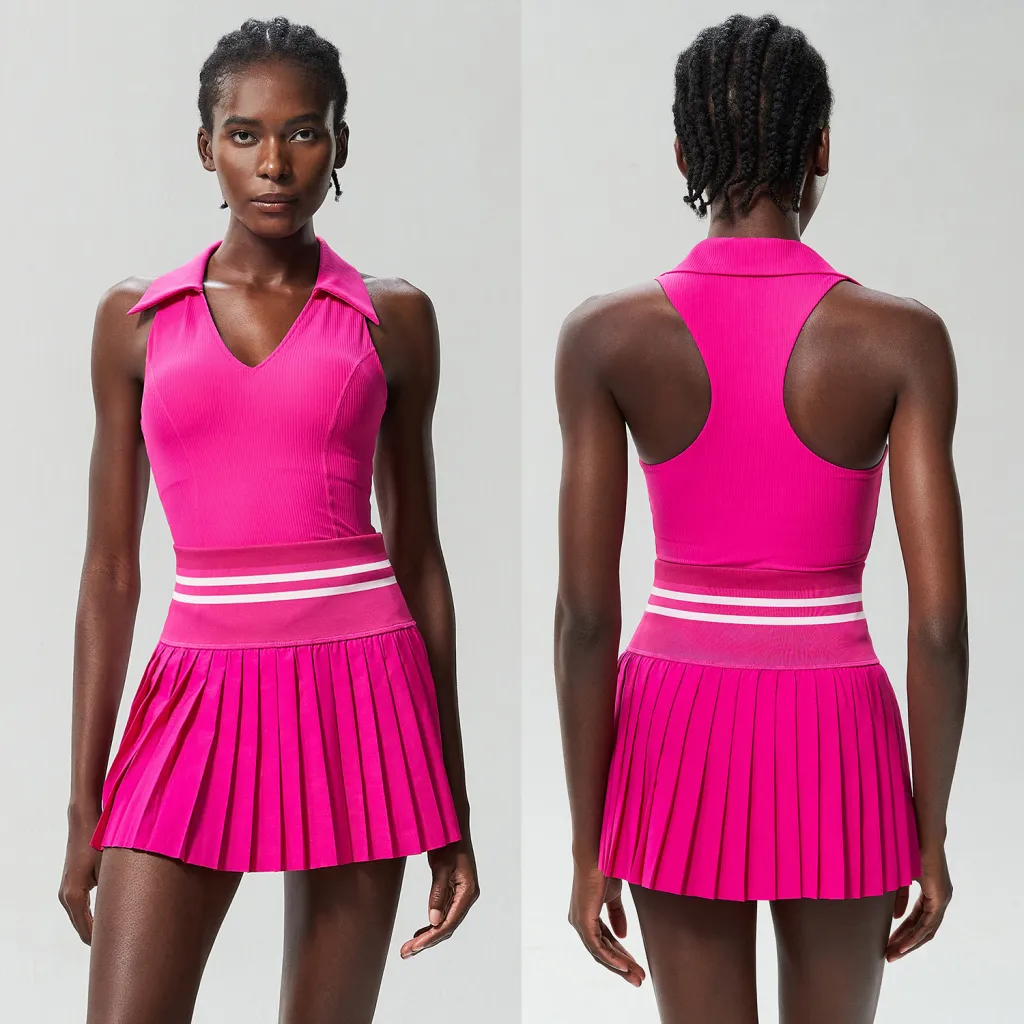 V Stand Collar Tennis Suit Suit Women's Plus Size High Waist - Rosy Red