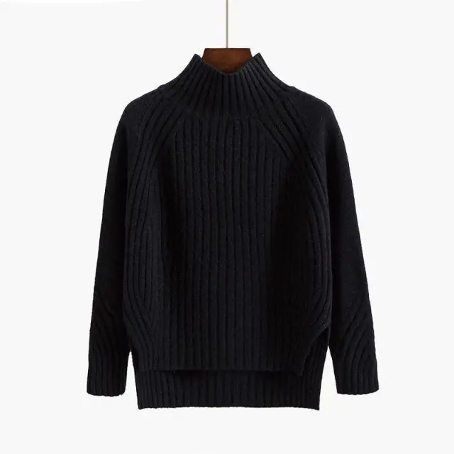 Pure Color Half Collar Sweater Women's Long sleeved Front Short Back Long Knitted Bottoming Shirt Black - Shop at LoveMi