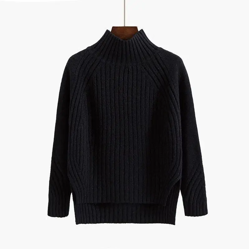Pure Color Half Collar Sweater Women's Long-sleeved Front Short Back Long Knitted Bottoming Shirt - Black