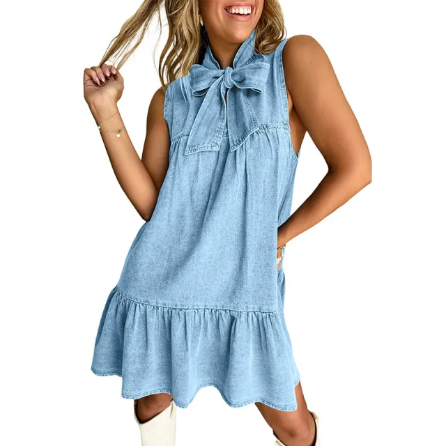 Bow Sleeveless Cotton Denim Dress Light Blue - Shop at LoveMi