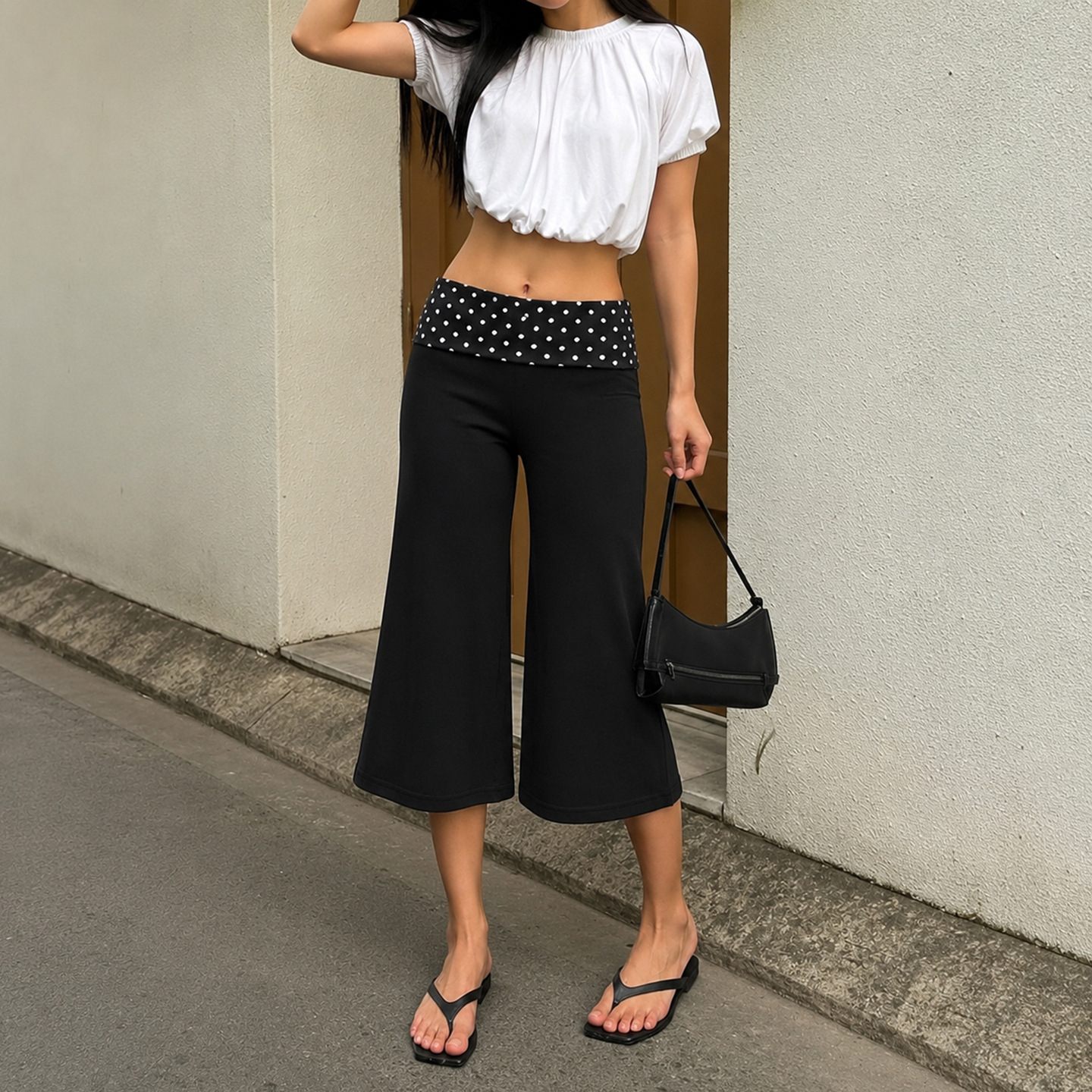 Y2K Street-style Elastic-waist Polka-dot Capri Pants