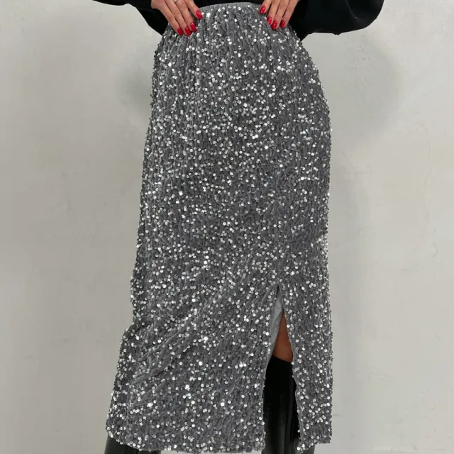 Sequins Skirt Party Sheath High Waist Slit Midi Skirt Silver - Shop at LoveMi