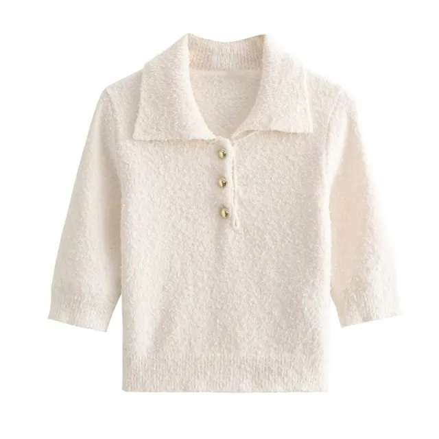 Autumn New Elegant Lapel Elbow Sleeve Sweater Women White - Shop at LoveMi