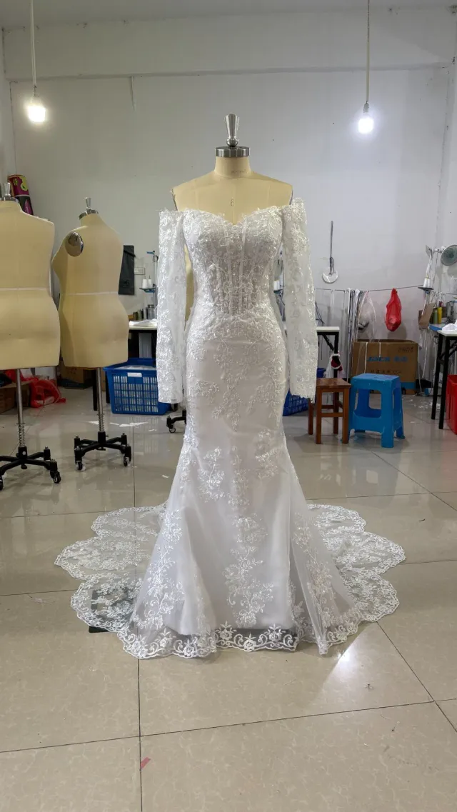 Off shoulder Lace Long Sleeve Fishtail Gown Ivory - Shop at LoveMi