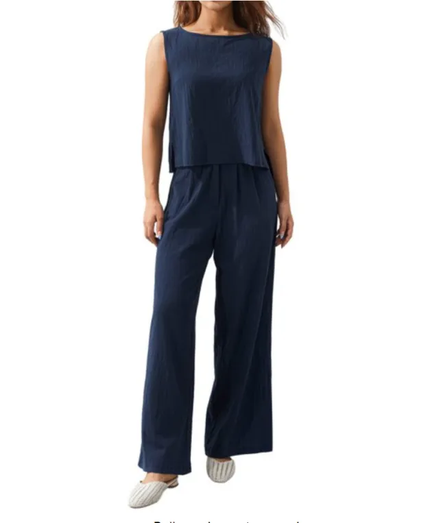 Casual Long Sleeve Loose Cotton Suit Women Blue - Shop at LoveMi