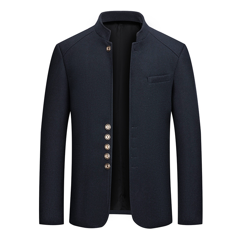 Mens Wool Tweed Zhongshan Suit With A Mandarin Collar For A Refined Tailored Look