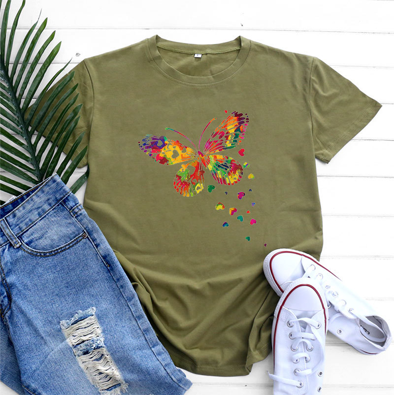 Women's Fashion Casual Heart Butterfly Printed Cotton Round Neck Short Sleeve Army Green - Shop at LoveMi