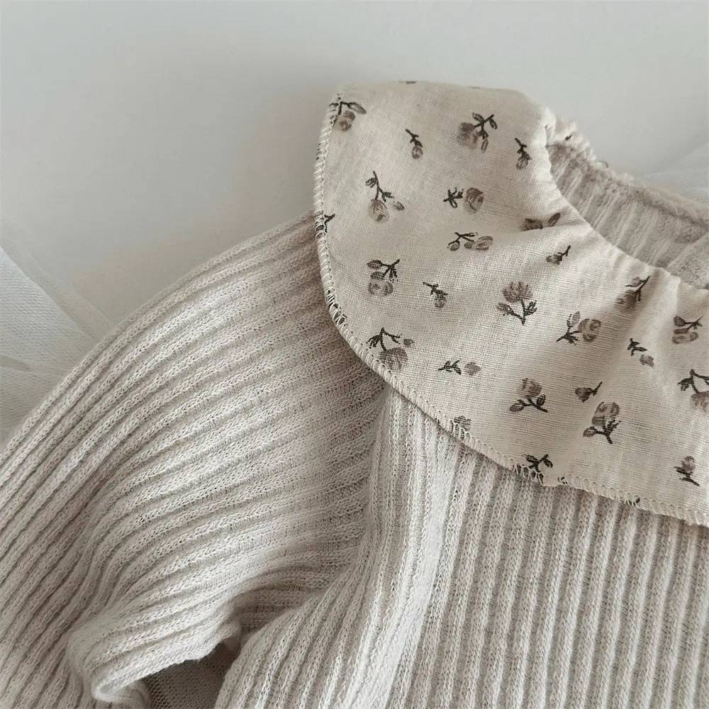 Infant Sunken Stripe Floral Print Ruffle Collar Long Sleeve Top
