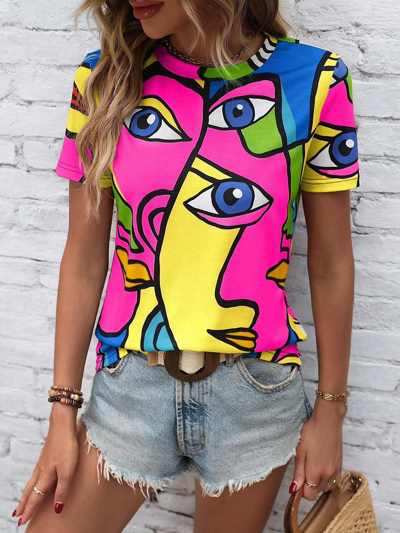 Figures Pattern Printed Crew Neck Casual T-shirt Large Size Letters Printed Summer Casual And Comfortable