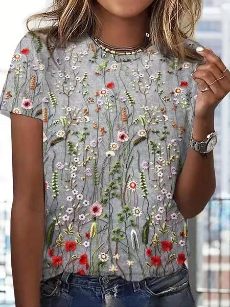 European And American Loose Round Neck Short Sleeve Floral Printed T shirt Gray - Shop at LoveMi