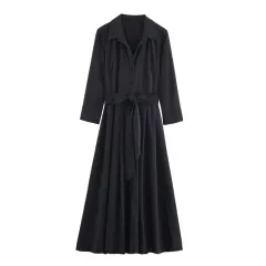 European And American Style Fashionable Simple Shirt Midi Skirt Dress - Black - View 1