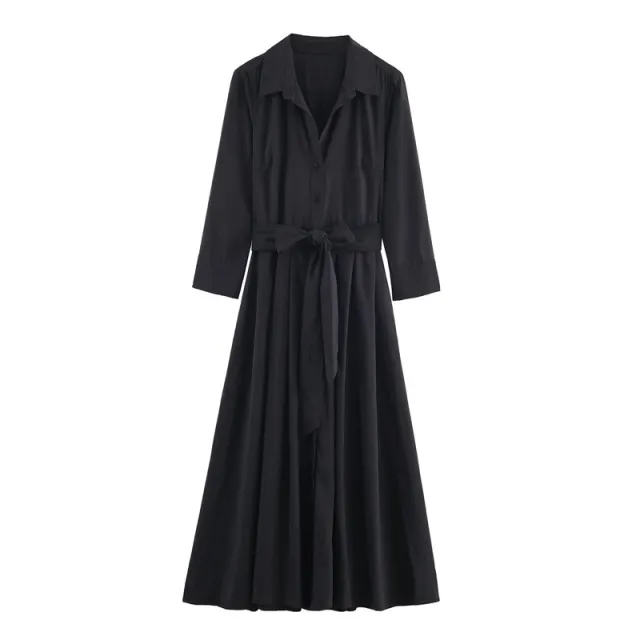 European And American Style Fashionable Simple Shirt Midi Skirt Dress Black - Shop at LoveMi