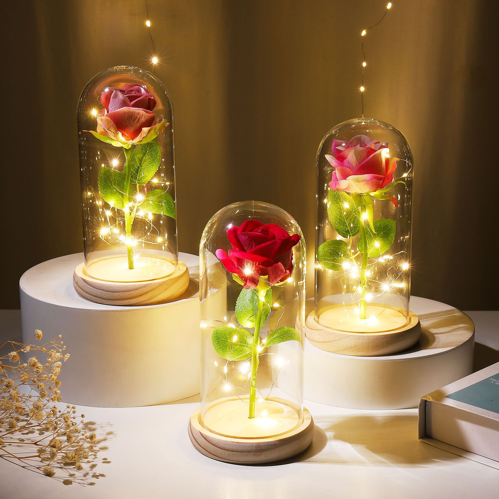 Preserved Flower Glass Dome Artificial Rose Night Light For Christmas