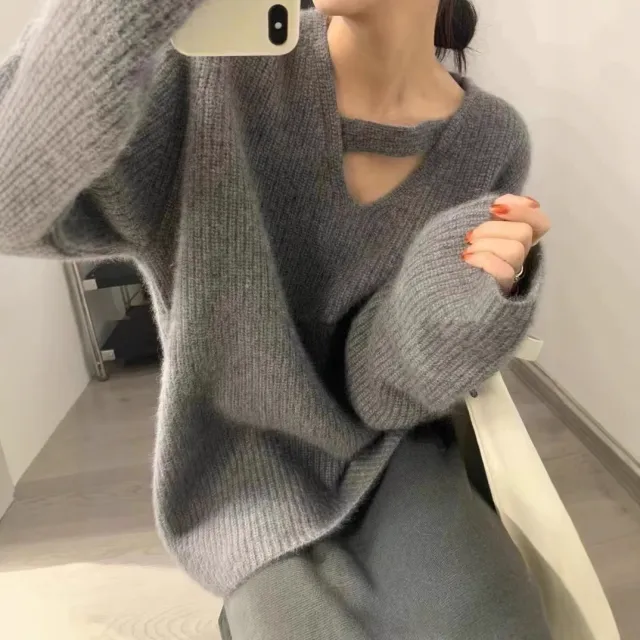 New Fashion V neck Loose Women's Bottoming Sweater Gray - Shop at LoveMi
