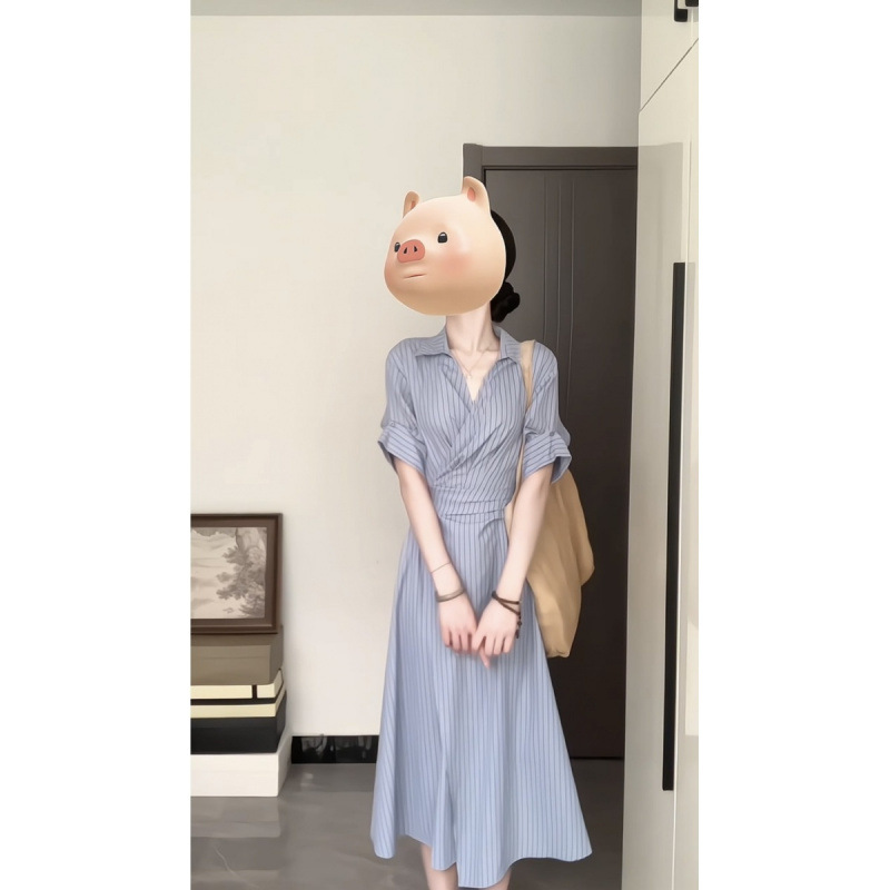 Capable Blue And Gray Strip Yarn-dyed French Retro Shirt Dress