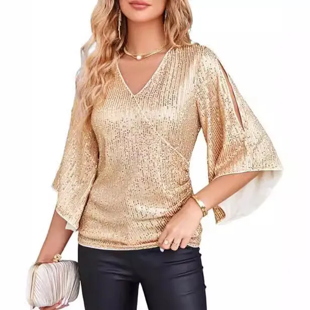 New Women's Sequined Bell Sleeve Top Gold - Shop at LoveMi
