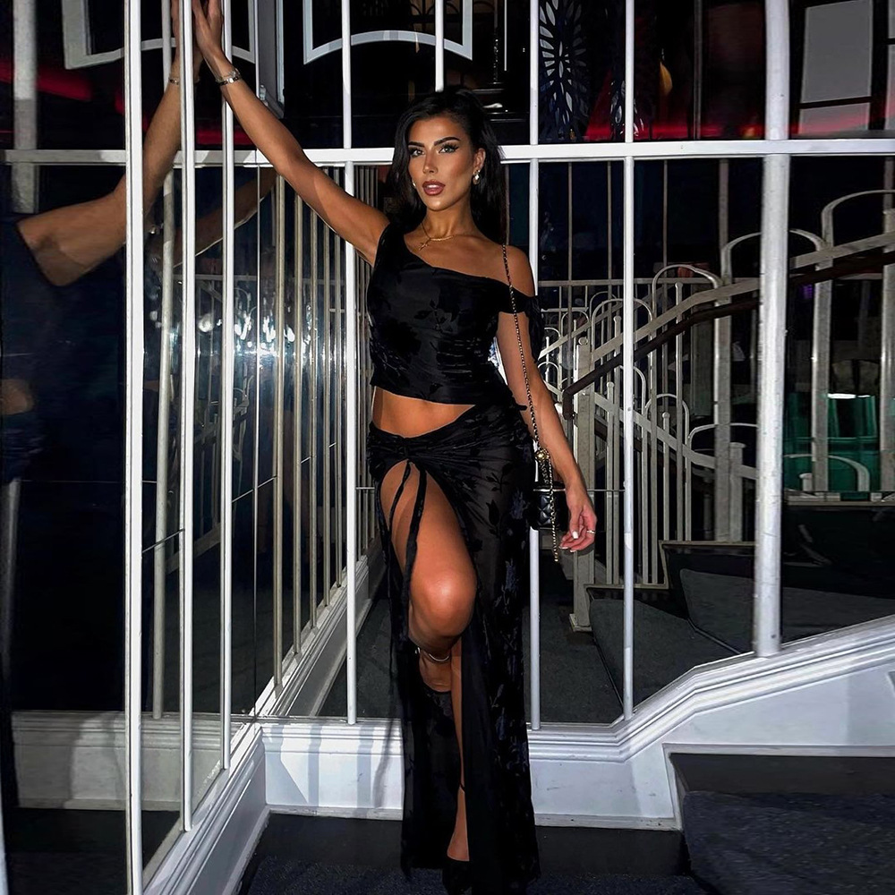 Beauty Clothing See-through Flocking Lace-up Sexy One-shoulder Top Skirt Suit