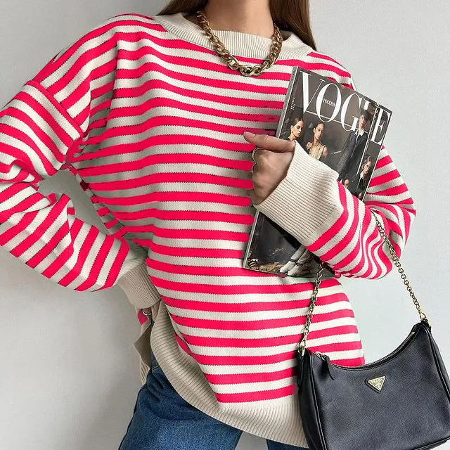 Sweater Women's Casual Round Neck Sweater Pullover Woolen Top Red - Shop at LoveMi