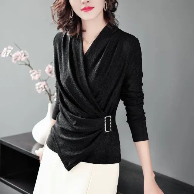 Top Women's Cross Collar Small Shirt Outer Wear Tight Waist Western Style All matching Cover Belly Mother Black - Shop at LoveMi