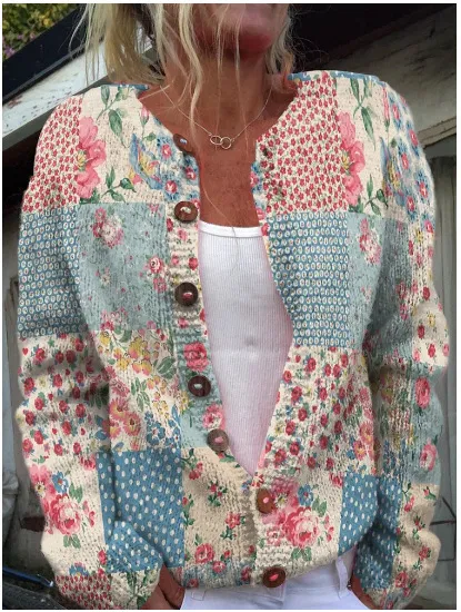 Autumn And Winter Floral Cardigan Round Neck Top - Style 1