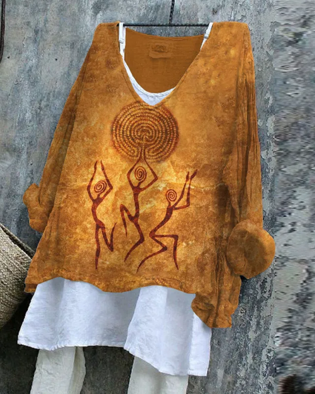 SpringSummer V neck Long sleeve Shirt Artistic Retro And Relaxed fit Ofs25026092925 3Xl - Shop at LoveMi