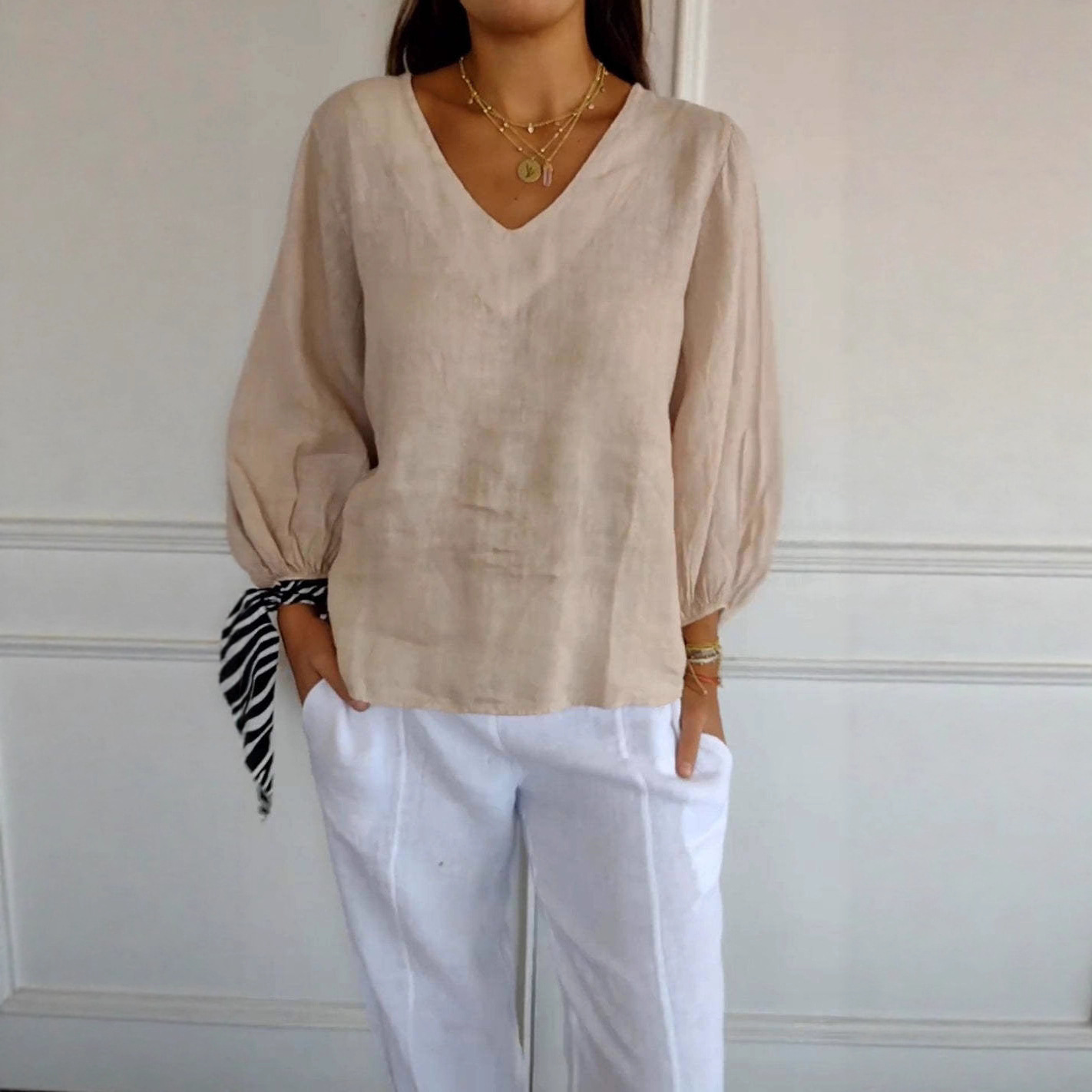 Womens Solid-Color V-Neck Long-Sleeve T-Shirt