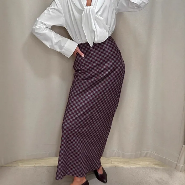 Spring Elegant Drapey Slimming High-Waisted Midi Bodycon Skirt For Women - Plaid-M