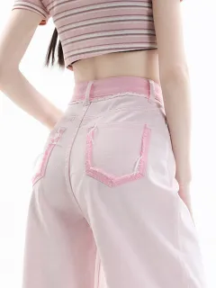 Light Raw Hem High Waist Wide Leg Jeans For Women Summer New - Pink - View 1