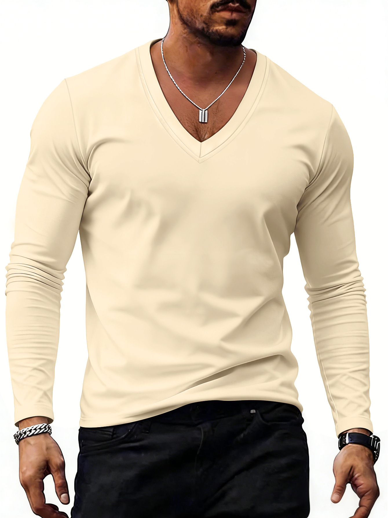 Mens Solid-Color Plus-Size Casual V-Neck T-Shirt