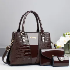 Fish-Print Shoulder And Crossbody Bag Three-Piece Set - Coffee - View 1