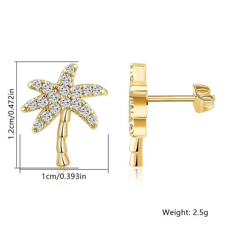 Golden Coconut Tree Earrings Copper With Gold Plating And Zircon Inlays