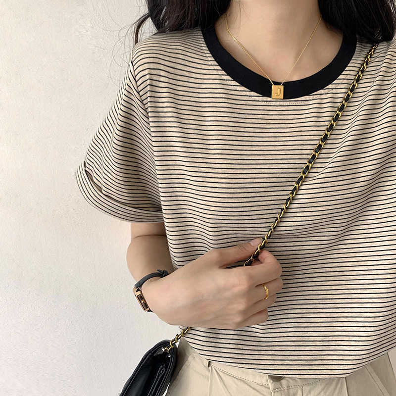 Autumn And Winter Brown Pullover Base Short Sleeve Turtleneck Round Neck Temperament Commute Striped Loose Cotton Base Shirt