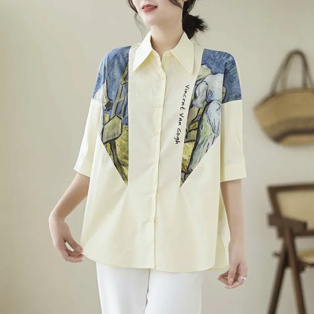 Cotton And Linen Large Size Loose Stitching Short Sleeve Shirt Yellow - Shop at LoveMi