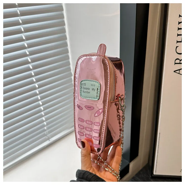 Simulation Mobile Phone Bag Patent Leather Shoulder Crossbody - Pink