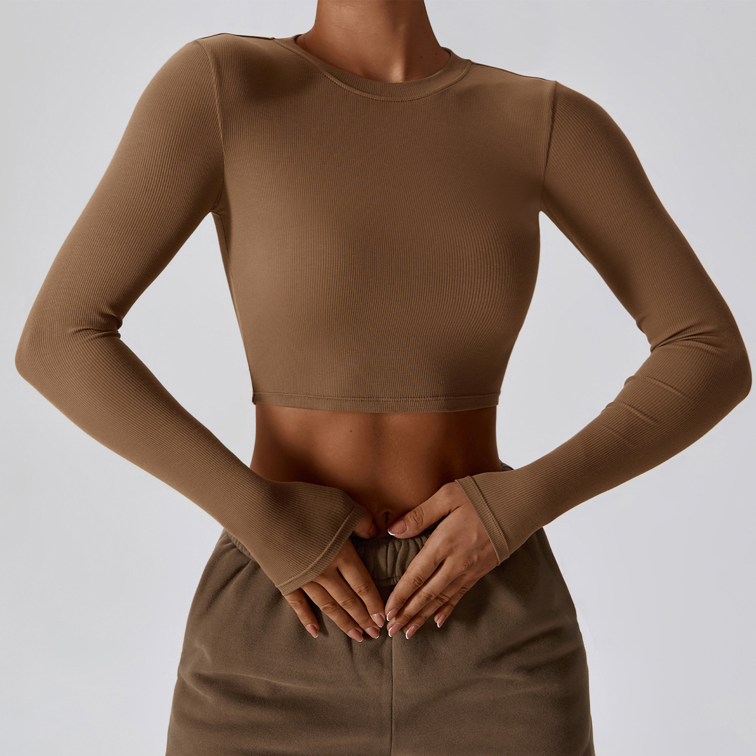 Running Exercise T shirt Long sleeved Workout Clothes Quick drying Slimming Lightweight Caramel Mocha M - Shop at LoveMi