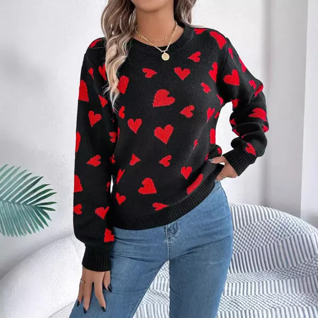 Leisure Round Neck Contrast Color Love Long Sleeve Pullover Black - Shop at LoveMi