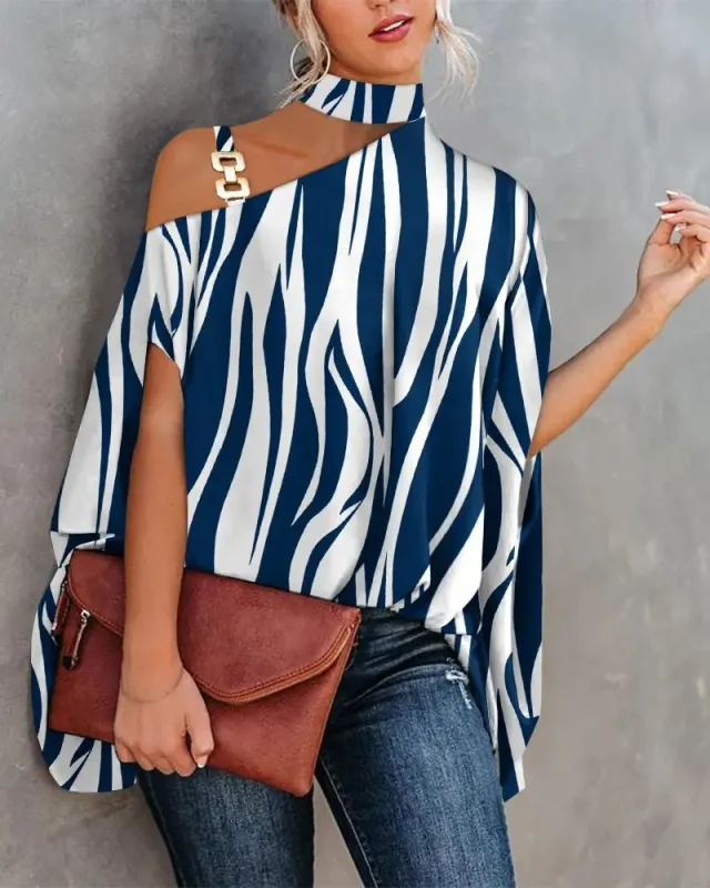 Wear Halter Shawl Printed Elegant Short Sleeve Bat Shirt Blue Stripes - Shop at LoveMi