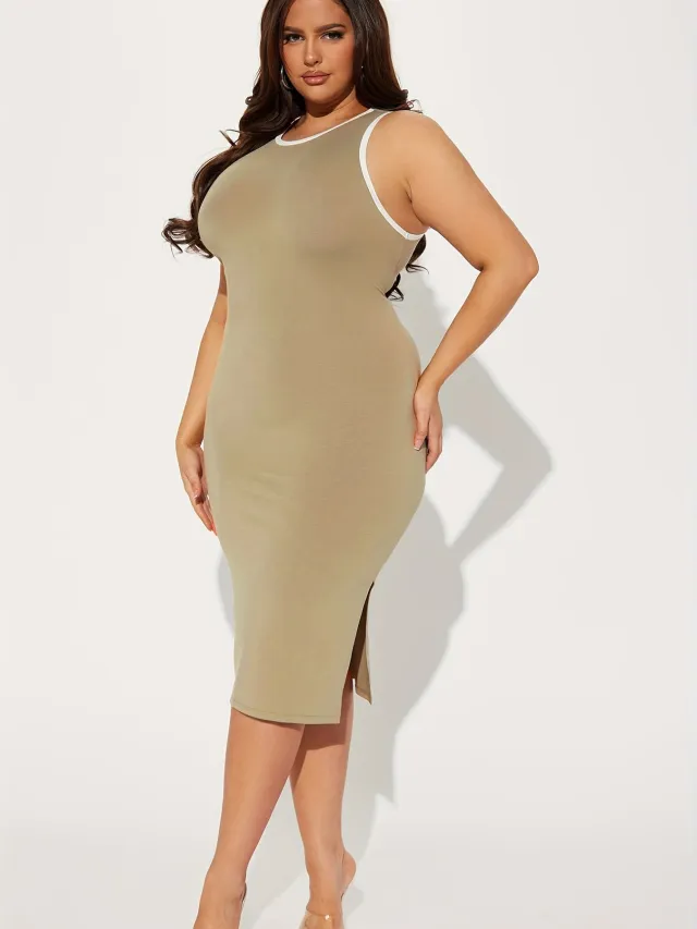 Fashion Plus Size Sleeveless Round Neck Side Slit Dress Apricot - Shop at LoveMi