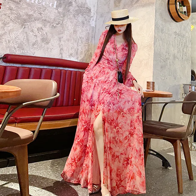 Floral V-neck Pure Desire Split Long Sleeve Dress - Pink
